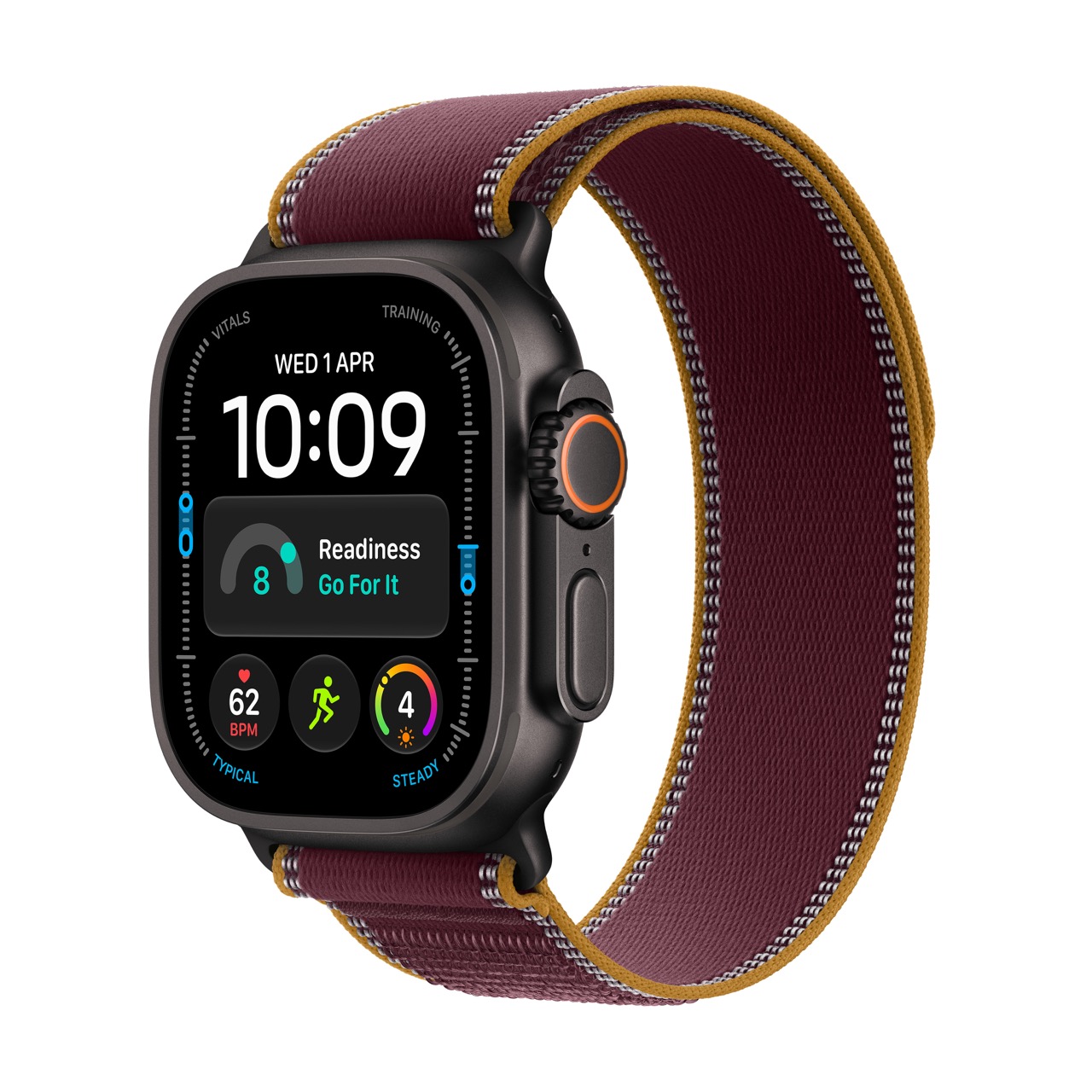 Apple_Watch_Ultra_4_49mm_GPS_plus_Cellular_Black_Titanium_Trail_Loop_Burgundy_PDP_Image_Position_1__ce-WW – μεγάλη Apple Watch Ultra 4 / GPS + Cellular / 49mm / Black Titanium Case with Burgundy Trail Loop - Image 1